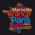 List of cities and towns in FRANCE, map word cloud collage
