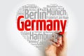 List of cities and towns in Germany composed in love sign heart shape, word cloud collage, business and travel concept background Royalty Free Stock Photo