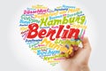 List of cities and towns in Germany composed in love sign heart shape, word cloud collage with marker, business and travel concept Royalty Free Stock Photo