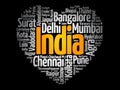 List of cities and towns in India composed in love sign heart shape, word cloud collage, business and travel concept background Royalty Free Stock Photo