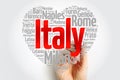 List of cities and towns in Italy composed in love sign heart shape, word cloud collage, business and travel concept background Royalty Free Stock Photo