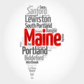 List of cities and towns in Maine USA state, map silhouette word cloud map concept background