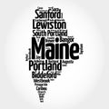 List of cities and towns in Maine USA state, map silhouette word cloud map concept background