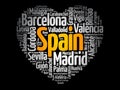 List of cities and towns in Spain composed in love sign heart shape, word cloud collage, business and travel concept background Royalty Free Stock Photo