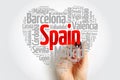 List of cities and towns in Spain composed in love sign heart shape, word cloud collage, business and travel concept background Royalty Free Stock Photo