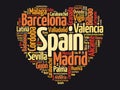 List of cities and towns in Spain composed in love sign heart shape, word cloud collage, business and travel concept Royalty Free Stock Photo