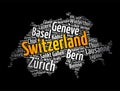 List of cities and towns in Switzerland, map word cloud collage, business and travel concept background