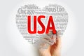 List of cities and towns in USA composed in love sign heart shape, word cloud collage, business and travel concept background Royalty Free Stock Photo