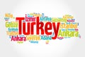 List of cities in Turkey, map silhouette word cloud, business and travel concept background