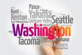 List of cities in Washington USA state, map silhouette word cloud map concept Royalty Free Stock Photo