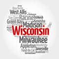 List of cities in Wisconsin USA state, map silhouette word cloud, map concept background