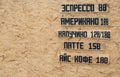 List of Coffee names with prices on a wooden background caption in russian americano ice Coffee latte capuccino espresso