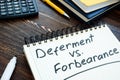 List of Deferment vs Forbearance for choosing in notepad. Royalty Free Stock Photo