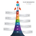 List diagram with 8 number points of step, sequence, colorful rocket launch startup, infographic element template vector