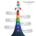 List diagram with 6 number points of step, sequence, colorful rocket launch startup, infographic element template vector