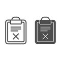 List fail line and glyph icon. Document with cross vector illustration isolated on white. Paper reject outline style