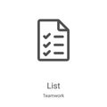 list icon vector from teamwork collection. Thin line list outline icon vector illustration. Linear symbol for use on web and