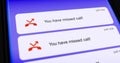 List of missed calls on smartphone screen, unanswered or dropped call