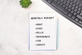 List with the monthly budget for rent, food, insurance, paying bills and credits, financial planning, calculate the expenses Royalty Free Stock Photo