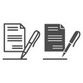 List paper and pen line and glyph icon. Contract record, report, document signing symbol, outline style pictogram on