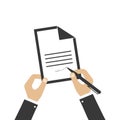 List of paper with pen on a white background. Person is writing the letter. Vector illustration Royalty Free Stock Photo
