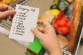 list of products in hands. supermarket with grocery cart. Royalty Free Stock Photo