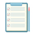 List tasks with pen. Checklist on paper with check mark. Tablet icon with questionnaire