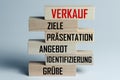 A list of wooden blocks lying on top of each other with a list of sales techniques in German, in the translation of the word: sale