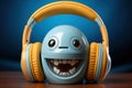 The Listen Music emoji depicts a blue face with eyes, wearing headphones and a wide, happy smile Royalty Free Stock Photo