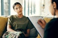 Listen, soldier or woman in therapy for trauma counselling from military war for army mental health support Royalty Free Stock Photo