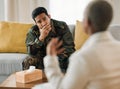 Listen, therapist and military veteran with support in therapy, consultation and talking about mental health, trauma or Royalty Free Stock Photo