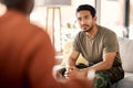 Listen, therapy and a military man with a psychologist for counselling, support and psychology. Young army, veteran or Royalty Free Stock Photo
