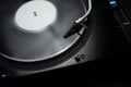 Listen to music with hi fi turntable player and vinyl record. DJ turn table plays analog disc with musical tracks Royalty Free Stock Photo