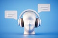 Listen to voice messages. A mannequin's head wearing headphones and message icons on a blue background. 3D render