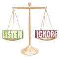 Listen Vs Ignore 3d Words Gold Scale Balance Royalty Free Stock Photo
