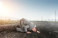 Listening businessman on the floor Royalty Free Stock Photo