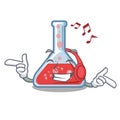 Listening music erlenmeyer flask above wooden cartoon table