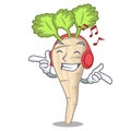 Listening music fresh parsnip roots on a mascot