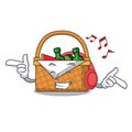 Listening music picnic basket mascot cartoon