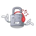 Listening music unlocking padlock on the cartoon gate Royalty Free Stock Photo