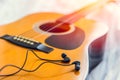 Listening and play the music with guitar, relax happy time with song concept. Royalty Free Stock Photo