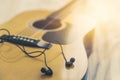 Listening and play the music with guitar, relax happy time with song concept Royalty Free Stock Photo