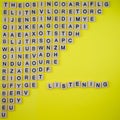 Listening sign of English learning skills written on yellow paper background with letter blocks lying diagonal