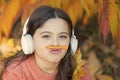 Listening song. Autumn playlist concept. Enjoy music outdoors fall warm day. Audio file. Educational podcast. Feel joy
