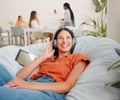 Listening to music, headphones and songs from a tablet playlist for creative relaxing, enjoying and lying on office bean Royalty Free Stock Photo