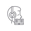 Listening to music and reading line icon concept. Listening to music and reading vector linear illustration, symbol