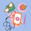 Listening to music on smartphone. Earphones and phone. Vector flat illustration of music player