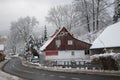 Listopad street in winter, Swieradow Zdroj resort, northern slope of Jizera Mountains, Poland Royalty Free Stock Photo