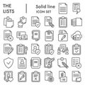 Lists line icon set, documents symbols collection, vector sketches, logo illustrations, paper signs linear pictograms
