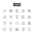 Lists line vector icons and signs. Register, Catalogue, Chronicle, Inventory, Tabulate, Aggregate, Codify, Matrix Royalty Free Stock Photo